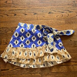 Blue and Tan Patterned Skirt with Ruffle Hem